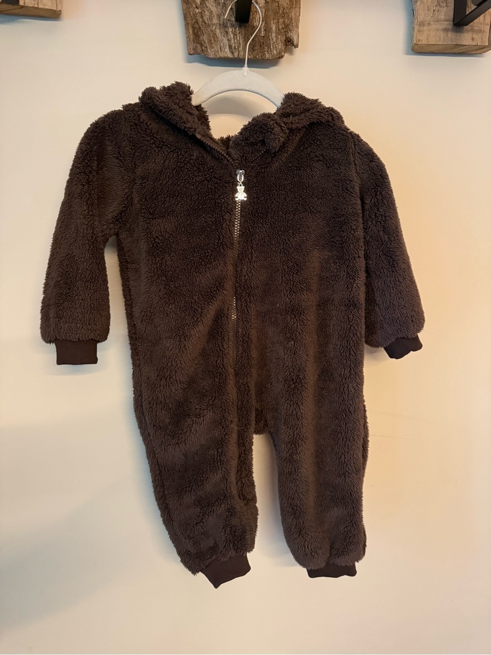 Toddler Brown Sherpa Fleece Hooded One-Piece Bunting Suit Size 100
